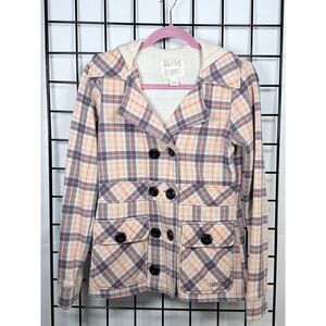 Billabong‎ Striped Hooded Blazer Womens M Gray Plaid Cotton Coastal Preppy